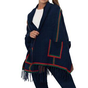 Navy Sleeved Knit Sweater Wrap With Pockets and Red/Green Stripes Fringed Hem